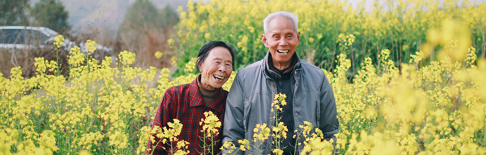 happy elderly couple in field 